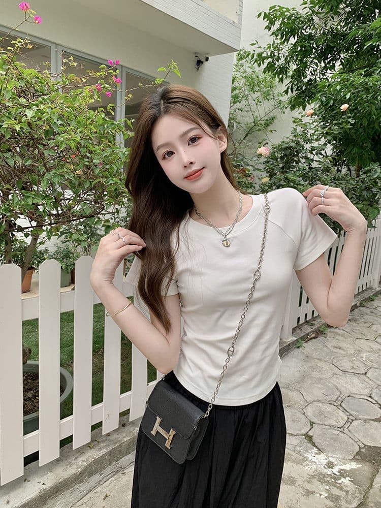 쇼트 스타일 티셔츠 여름 뒤로 홀로우 아웃 몸매 가꾸기 주름 반팔 상세 이미지 31