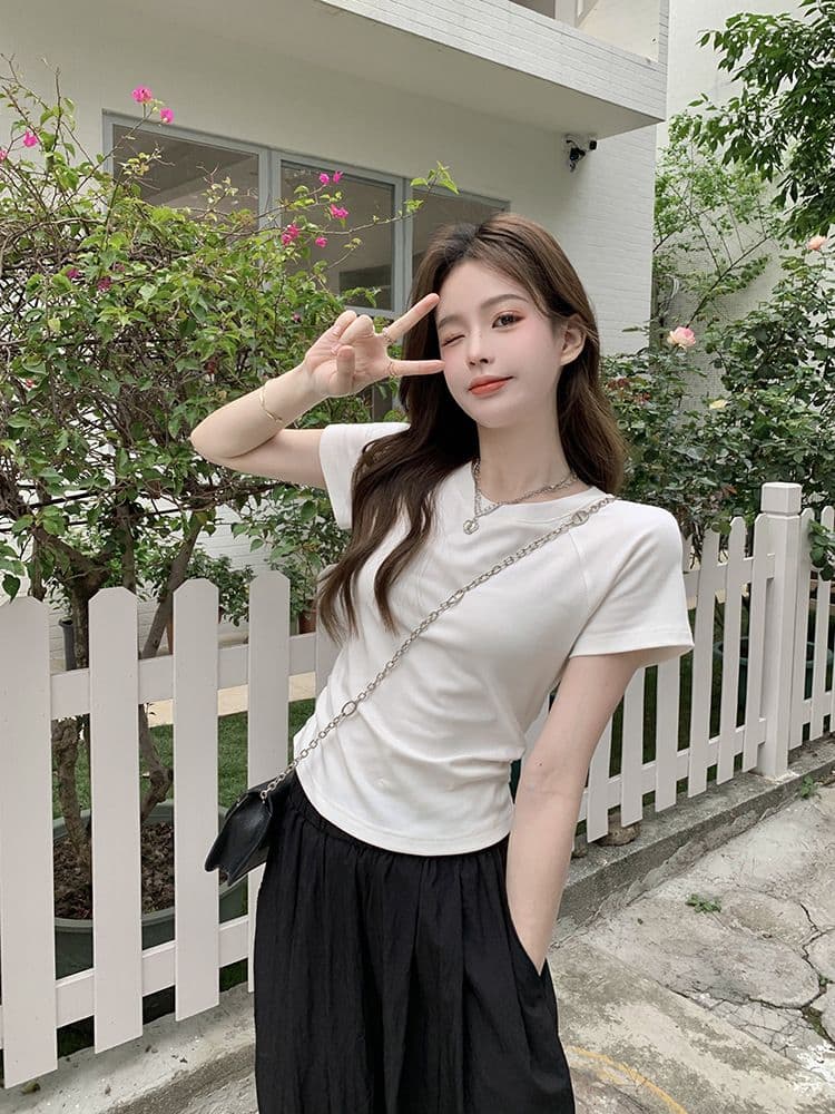 쇼트 스타일 티셔츠 여름 뒤로 홀로우 아웃 몸매 가꾸기 주름 반팔 상세 이미지 32