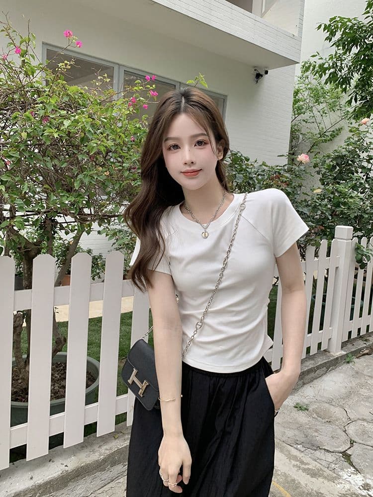 쇼트 스타일 티셔츠 여름 뒤로 홀로우 아웃 몸매 가꾸기 주름 반팔 상세 이미지 33