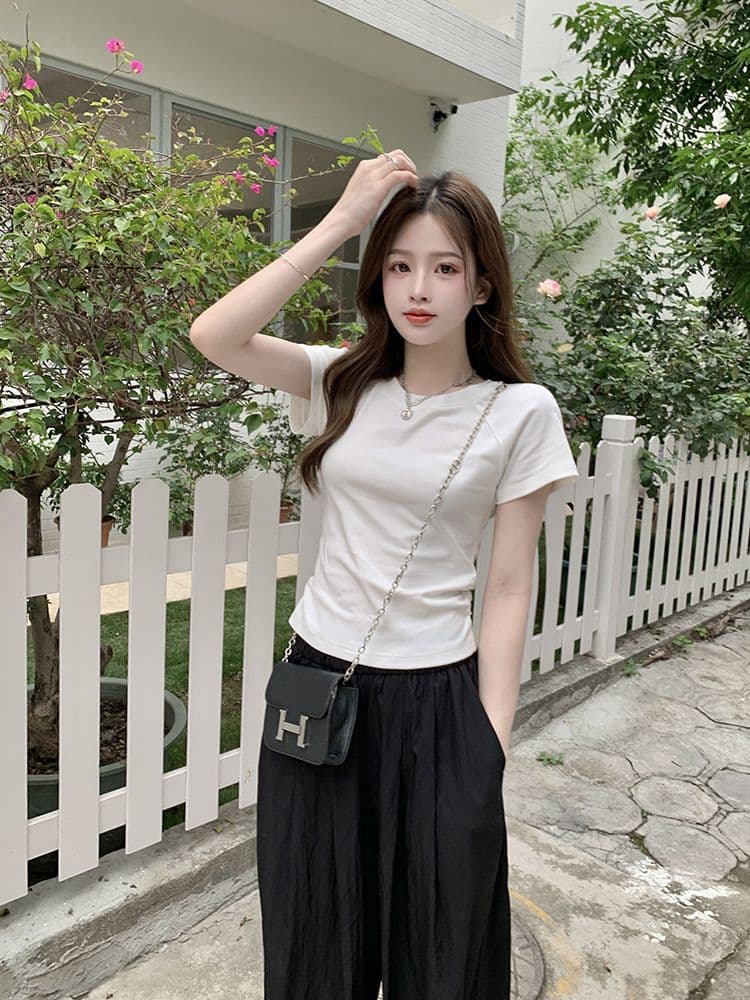 쇼트 스타일 티셔츠 여름 뒤로 홀로우 아웃 몸매 가꾸기 주름 반팔 상세 이미지 34