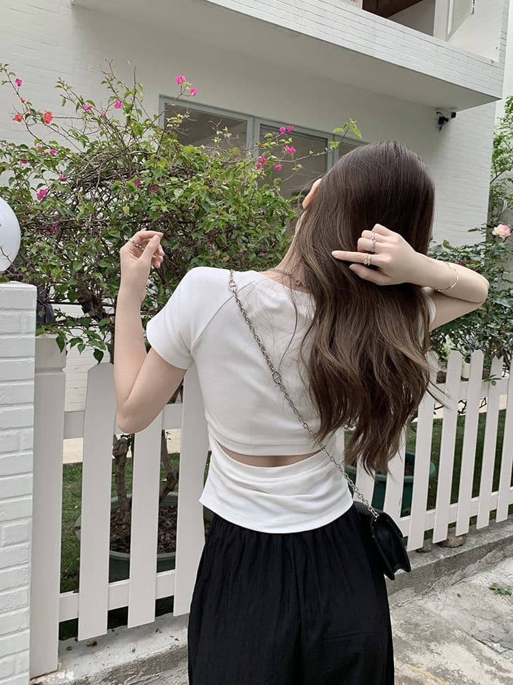 쇼트 스타일 티셔츠 여름 뒤로 홀로우 아웃 몸매 가꾸기 주름 반팔 상세 이미지 35