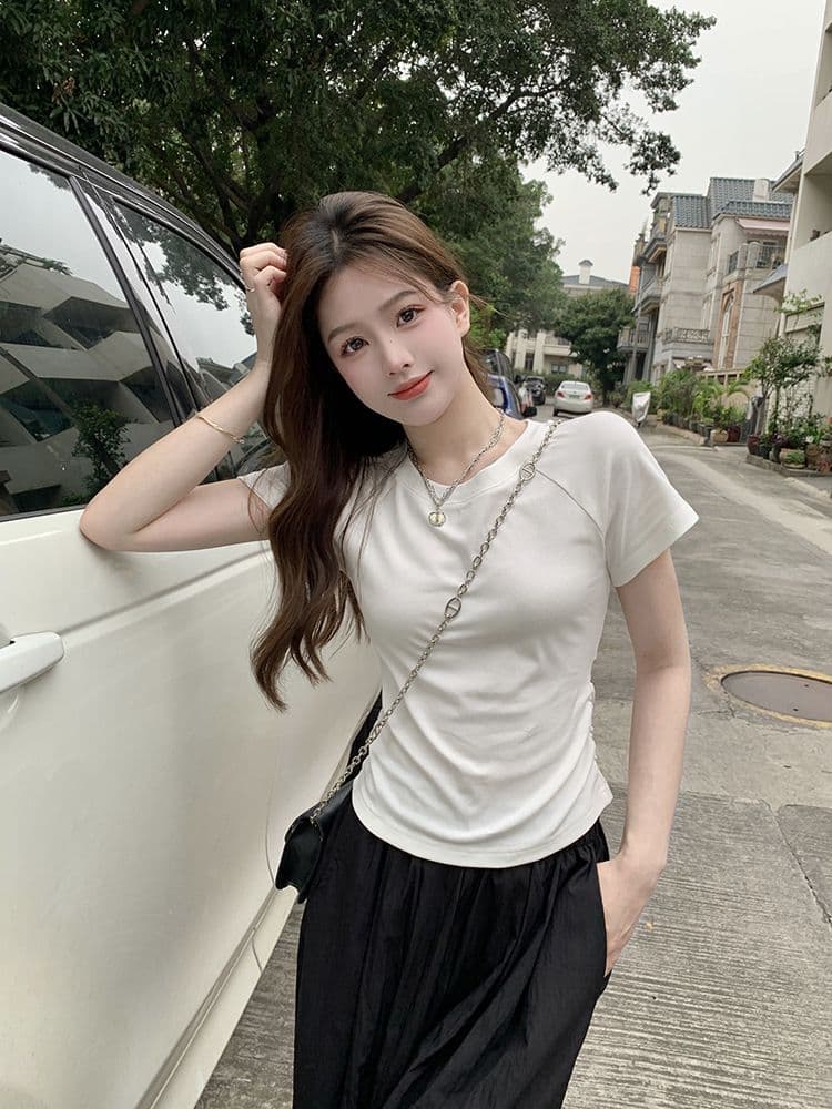 쇼트 스타일 티셔츠 여름 뒤로 홀로우 아웃 몸매 가꾸기 주름 반팔 상세 이미지 36