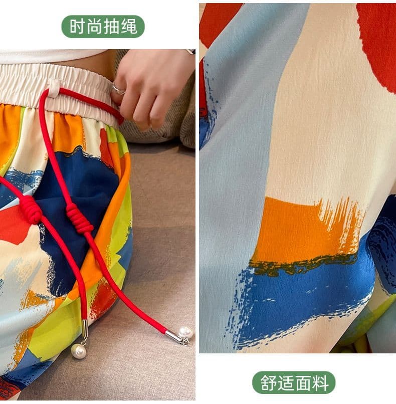지방 mm 특별 빅 사이즈 얼음 실크 와이드 레깅스 바지 여름 얇은 스타일 루즈핏 하이웨이스트 도루 센스 홀치기 염색 슬림해 보이는 캐주얼 스트레이트 팬츠 상세 이미지 13