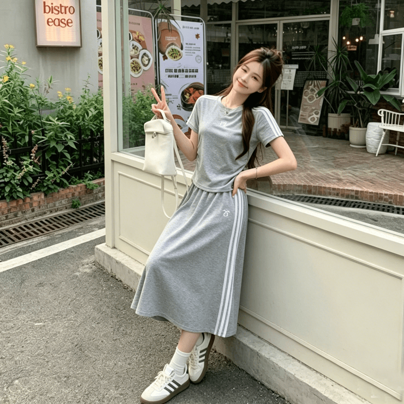 세련된 여성 그는 벤 바람 세트 치마 여름 한국 스타일 반팔 맨위 롱 코트 반신 스커트 투피스 세트 이미지 5