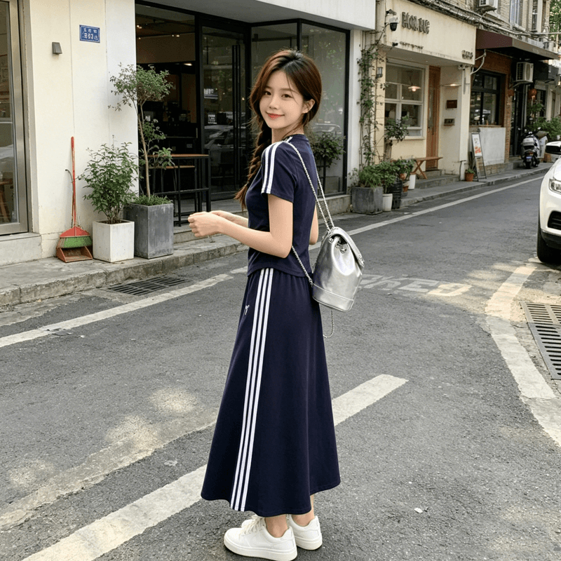 세련된 여성 그는 벤 바람 세트 치마 여름 한국 스타일 반팔 맨위 롱 코트 반신 스커트 투피스 세트 상세 이미지 6