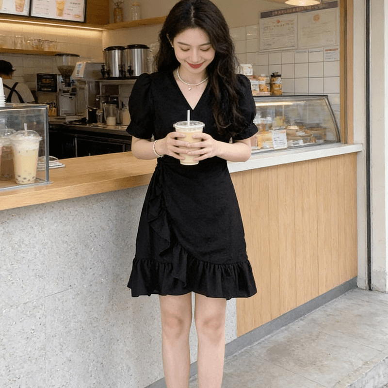 순수한 욕망 바람 검정색 티셔츠 치마 여름 라운드 넥 허리 수축 주름 불규칙 밑단 품격 드레스