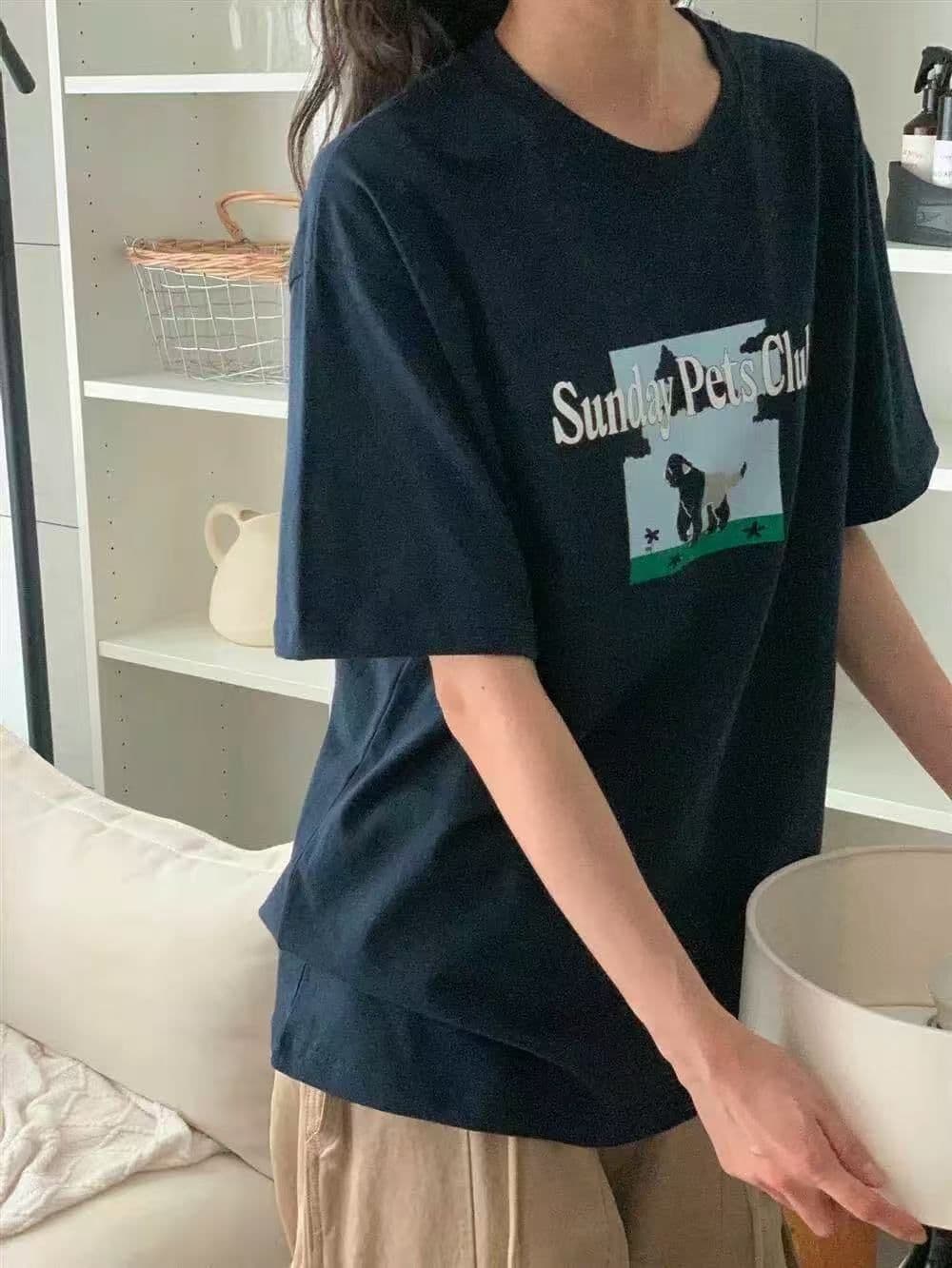 한국 동대문 한 부서 미니멀리즘 프린트 루즈핏 슬림해 보이는 라운드 넥 반팔 티셔츠 상세 이미지 2