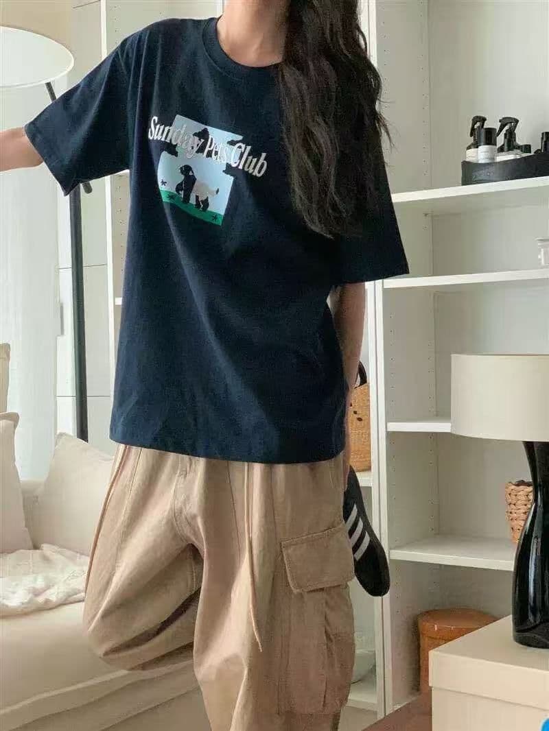 한국 동대문 한 부서 미니멀리즘 프린트 루즈핏 슬림해 보이는 라운드 넥 반팔 티셔츠 상세 이미지 4