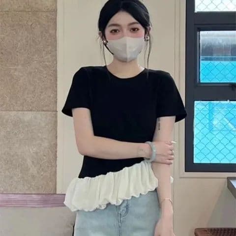 리브 프릴 라운드 넥 반팔 티셔츠 여성 의류 여름 맨위