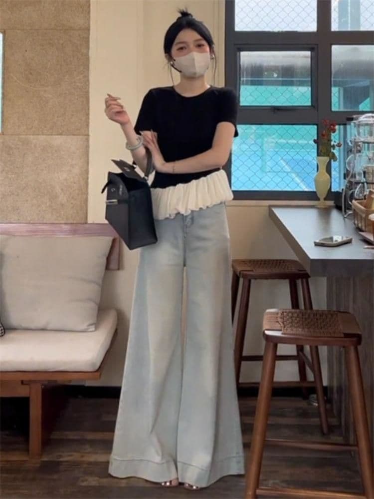 리브 프릴 라운드 넥 반팔 티셔츠 여성 의류 여름 맨위 상세 이미지 2