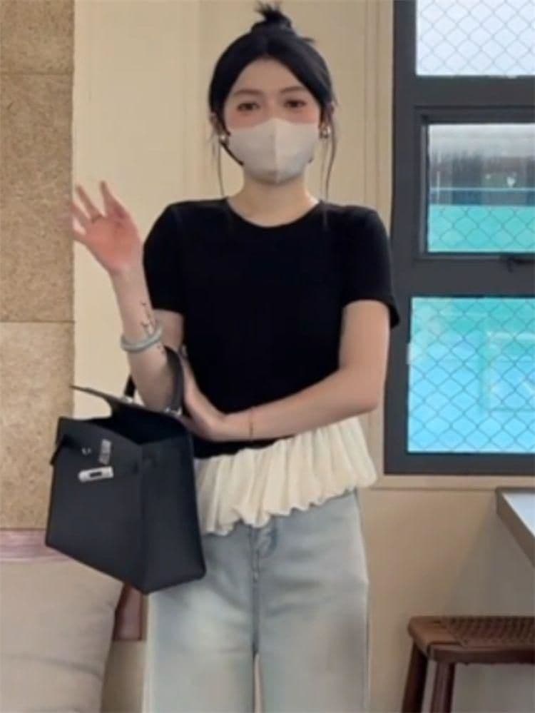 리브 프릴 라운드 넥 반팔 티셔츠 여성 의류 여름 맨위 상세 이미지 6
