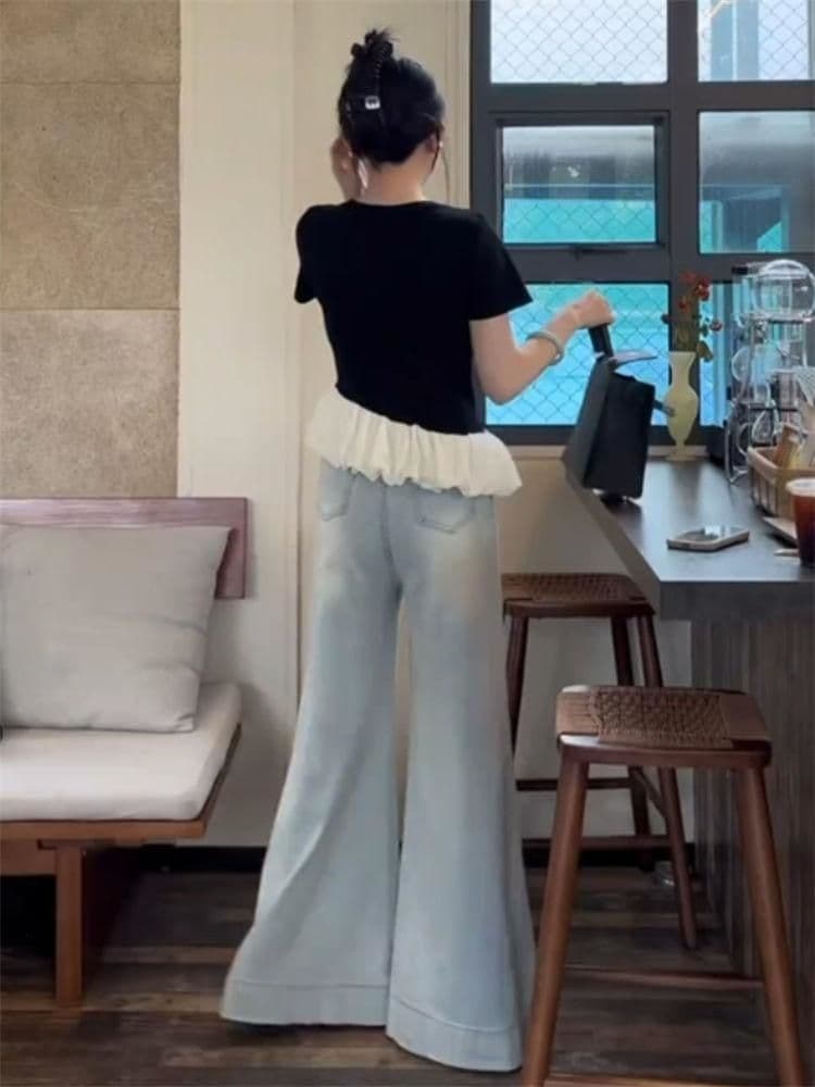 리브 프릴 라운드 넥 반팔 티셔츠 여성 의류 여름 맨위 상세 이미지 7