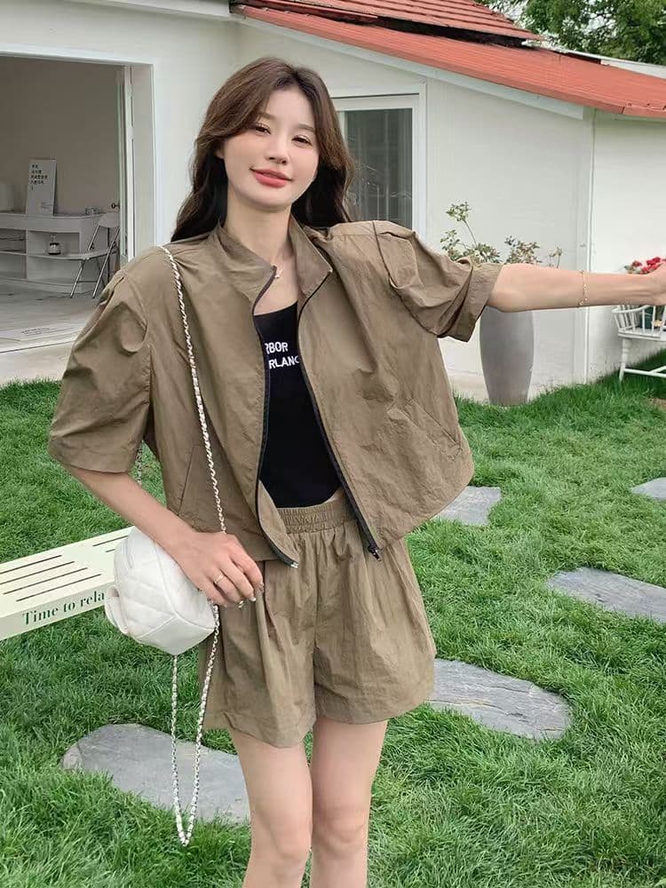 소금 부서 착용 가져 가라. 카키 색 워크웨어 레트로 반바지 세트 두 조각 여성 세트 여름 튀김 거리 작은 키 패션 외국 가스