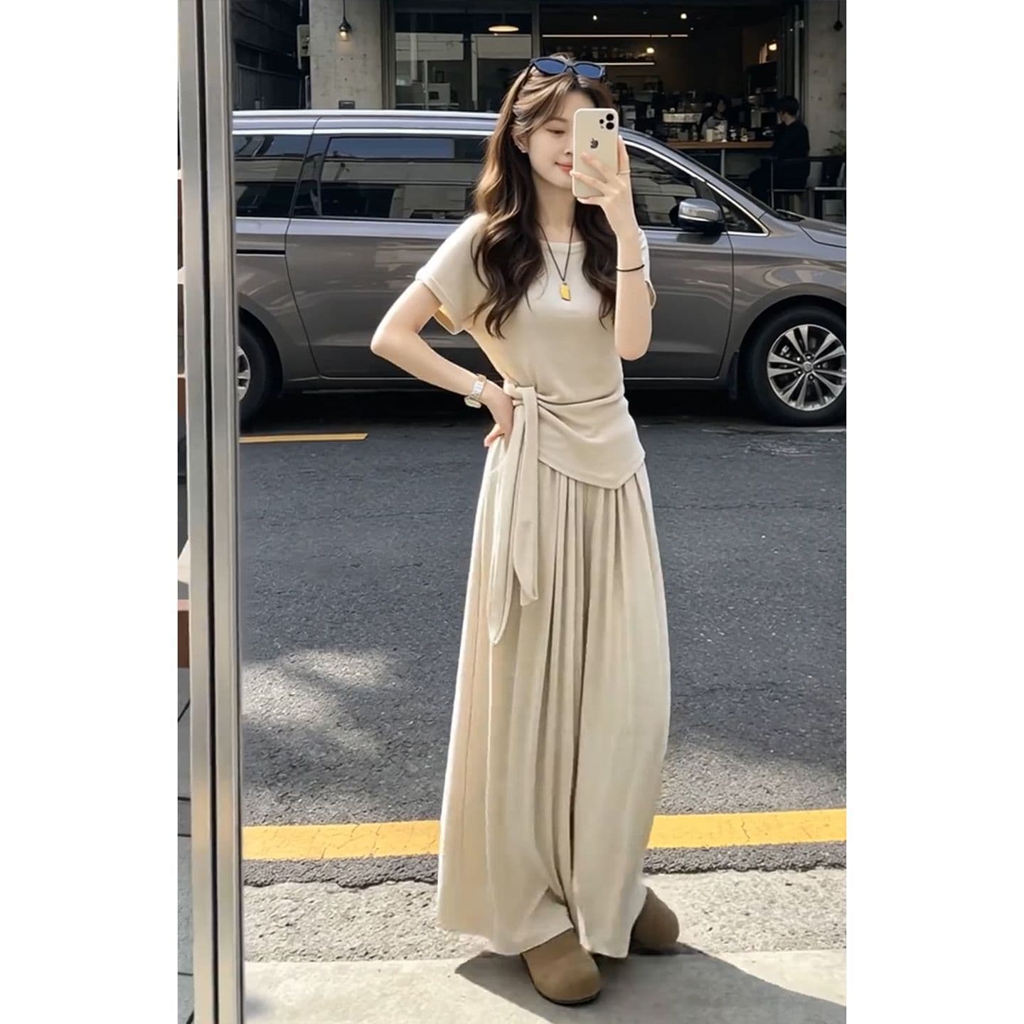패션 ootd 에이즈 환자 반팔 여성 여름 넓은 다리 길이 바지 캐주얼 투피스 세트 이미지 4