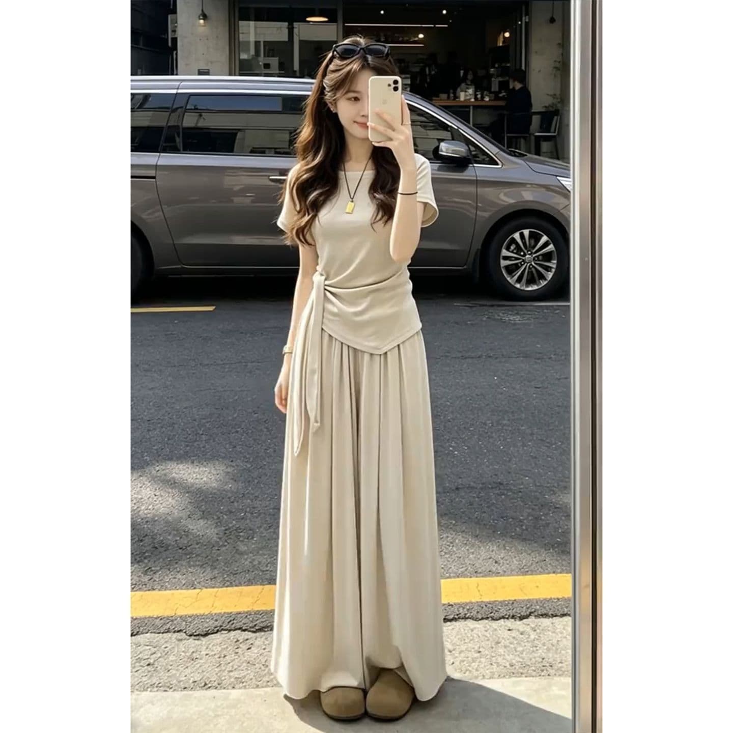 패션 ootd 에이즈 환자 반팔 여성 여름 넓은 다리 길이 바지 캐주얼 투피스 세트 상세 이미지 2