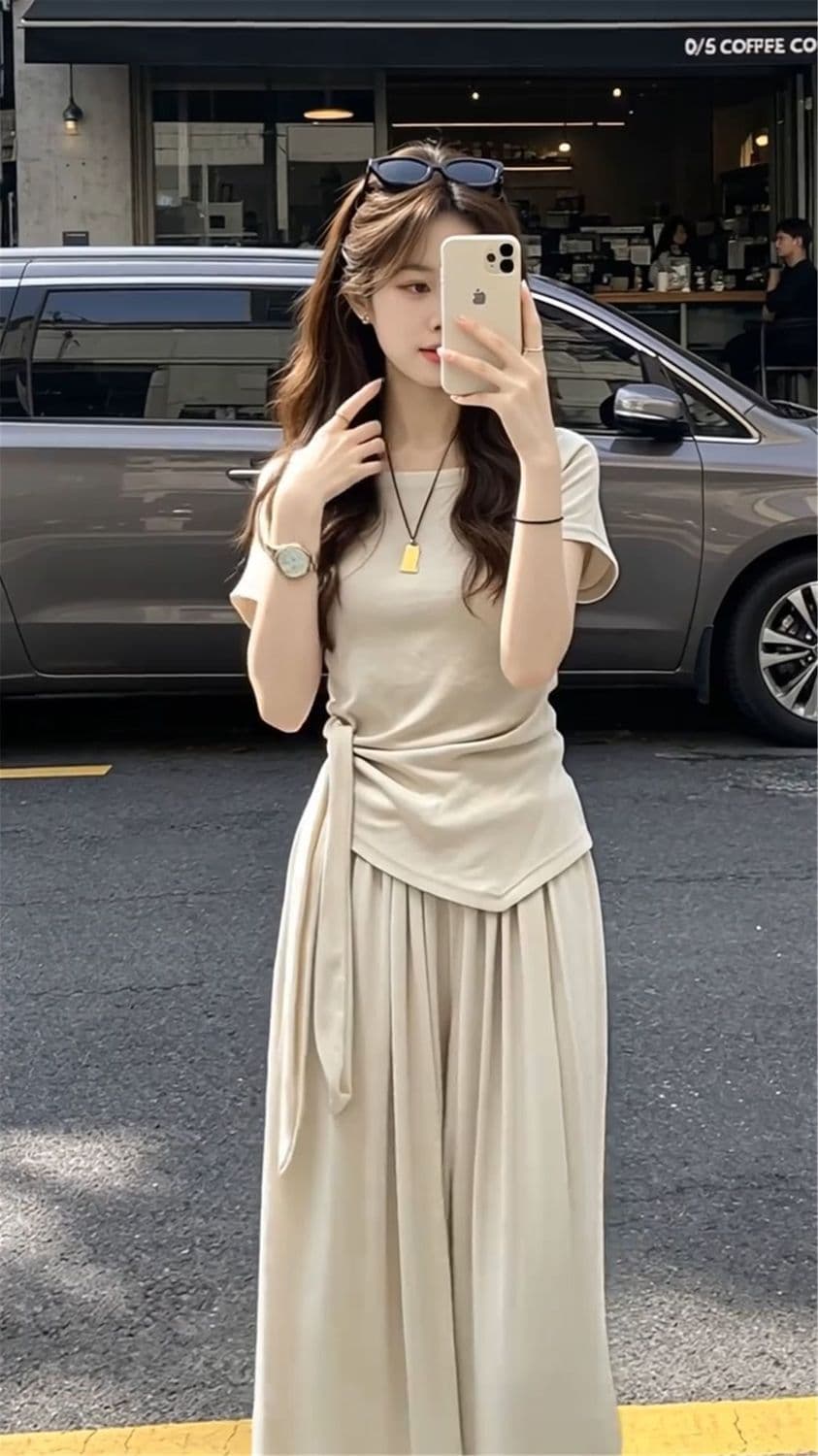 패션 ootd 에이즈 환자 반팔 여성 여름 넓은 다리 길이 바지 캐주얼 투피스 세트 상세 이미지 3