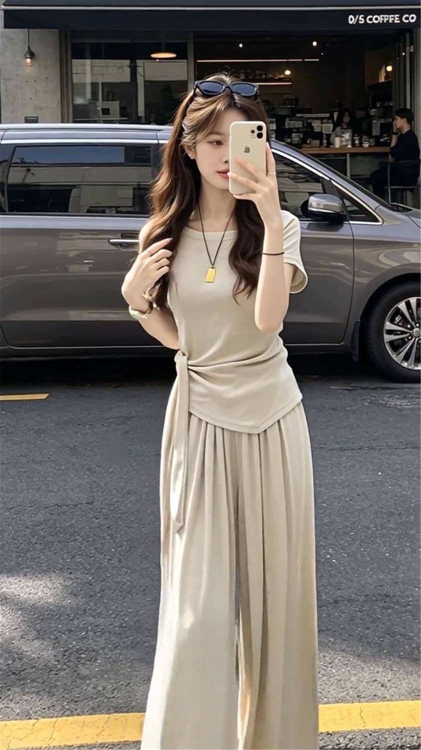 패션 ootd 에이즈 환자 반팔 여성 여름 넓은 다리 길이 바지 캐주얼 투피스 세트 상세 이미지 6