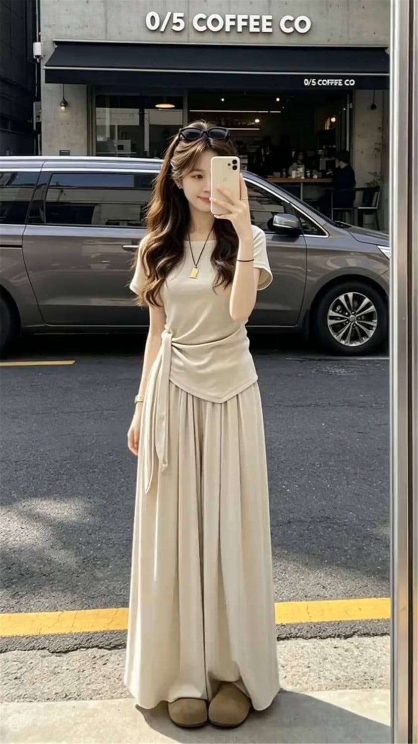 패션 ootd 에이즈 환자 반팔 여성 여름 넓은 다리 길이 바지 캐주얼 투피스 세트 상세 이미지 8