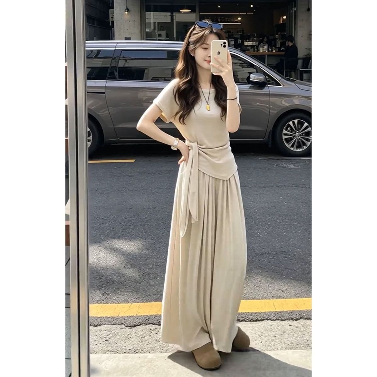 패션 ootd 에이즈 환자 반팔 여성 여름 넓은 다리 길이 바지 캐주얼 투피스 세트 상세 이미지 10