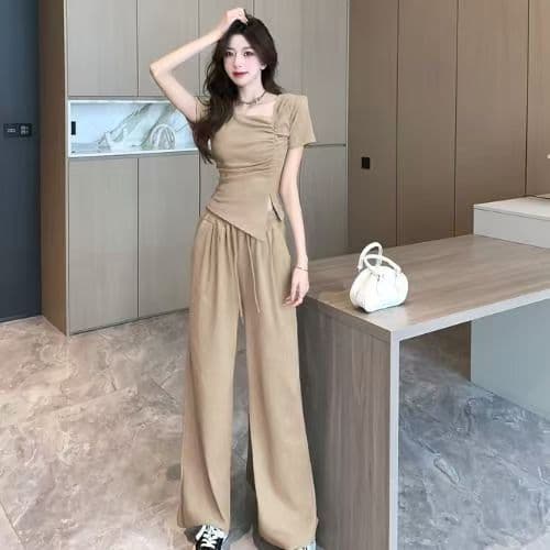 2026 봄 새로운 한 부서 캐주얼 느긋한 바람이 아닙니다. 규칙 광장 칼라 주름 장식 맨위 하이웨이스트 도루 센스 와이드 레그 팬츠 세트 상세 이미지 1