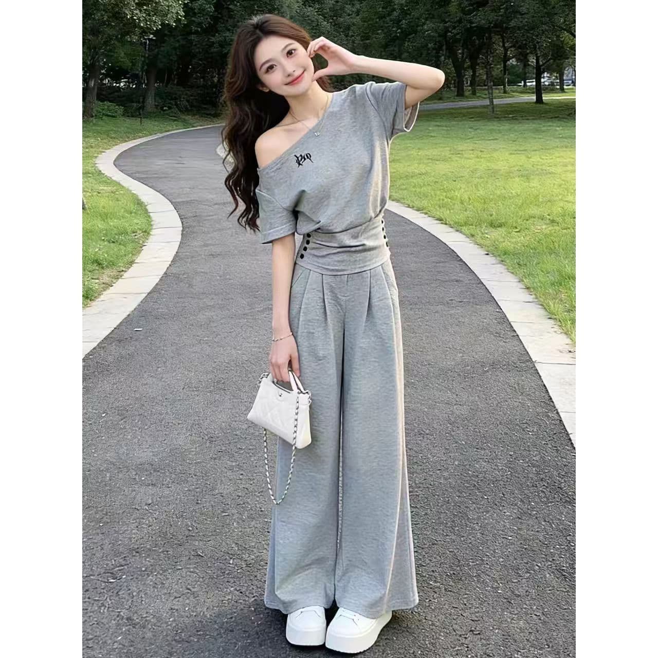 여름 여성 의류 전체 집합 아름다운 허리 수축 비스듬한 어깨 의류 와이드 레그 팬츠 캐주얼 운동 두 조각 착용 가져 가라. 외국 가스 세트 상세 이미지 5
