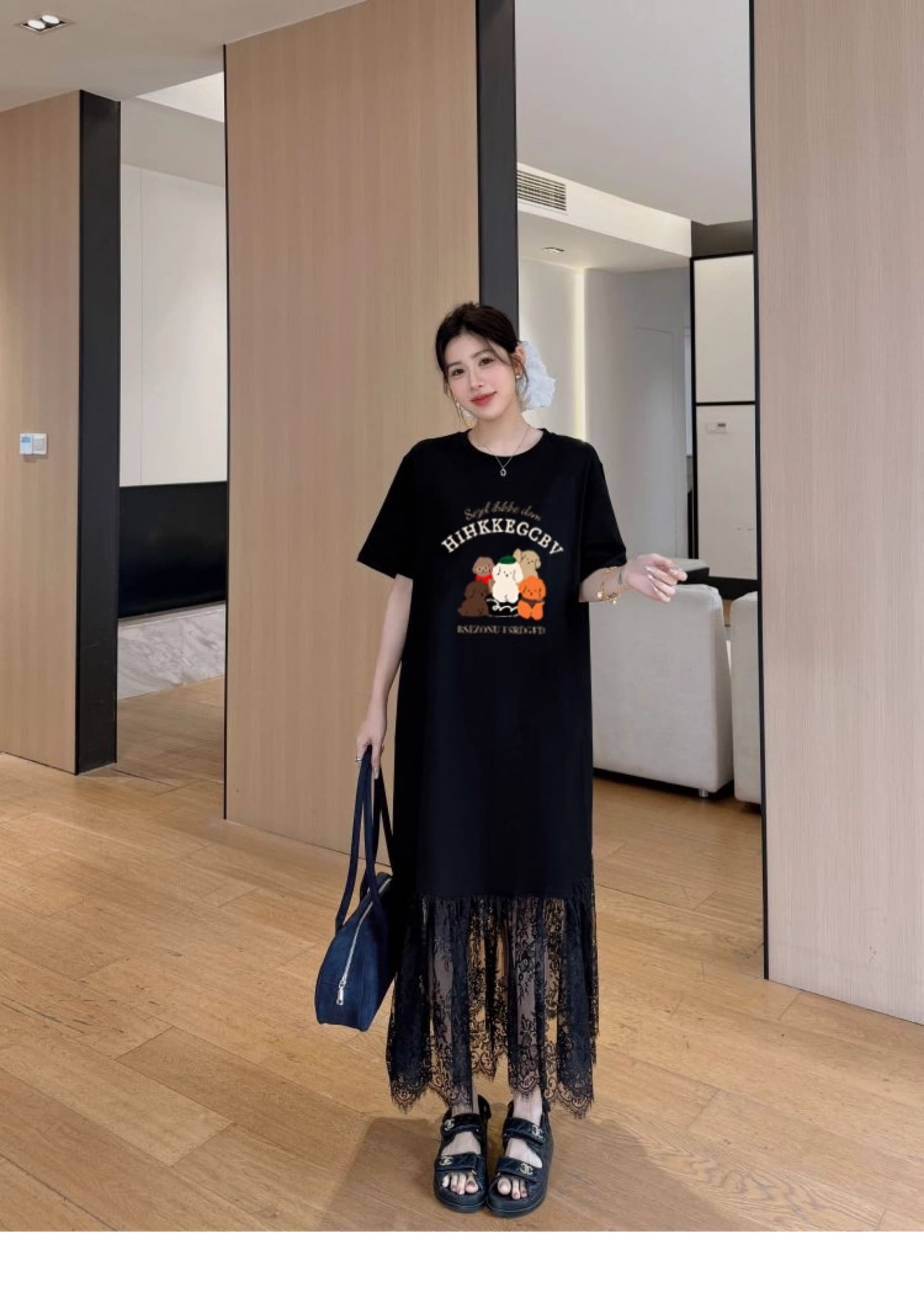 지방 mm 빅 사이즈 레이스 점프 슈트 치마 꽃무늬 레이스 루즈핏 여름 드레스 롱 코트 무릎 아래 티셔츠 치마 상세 이미지 3