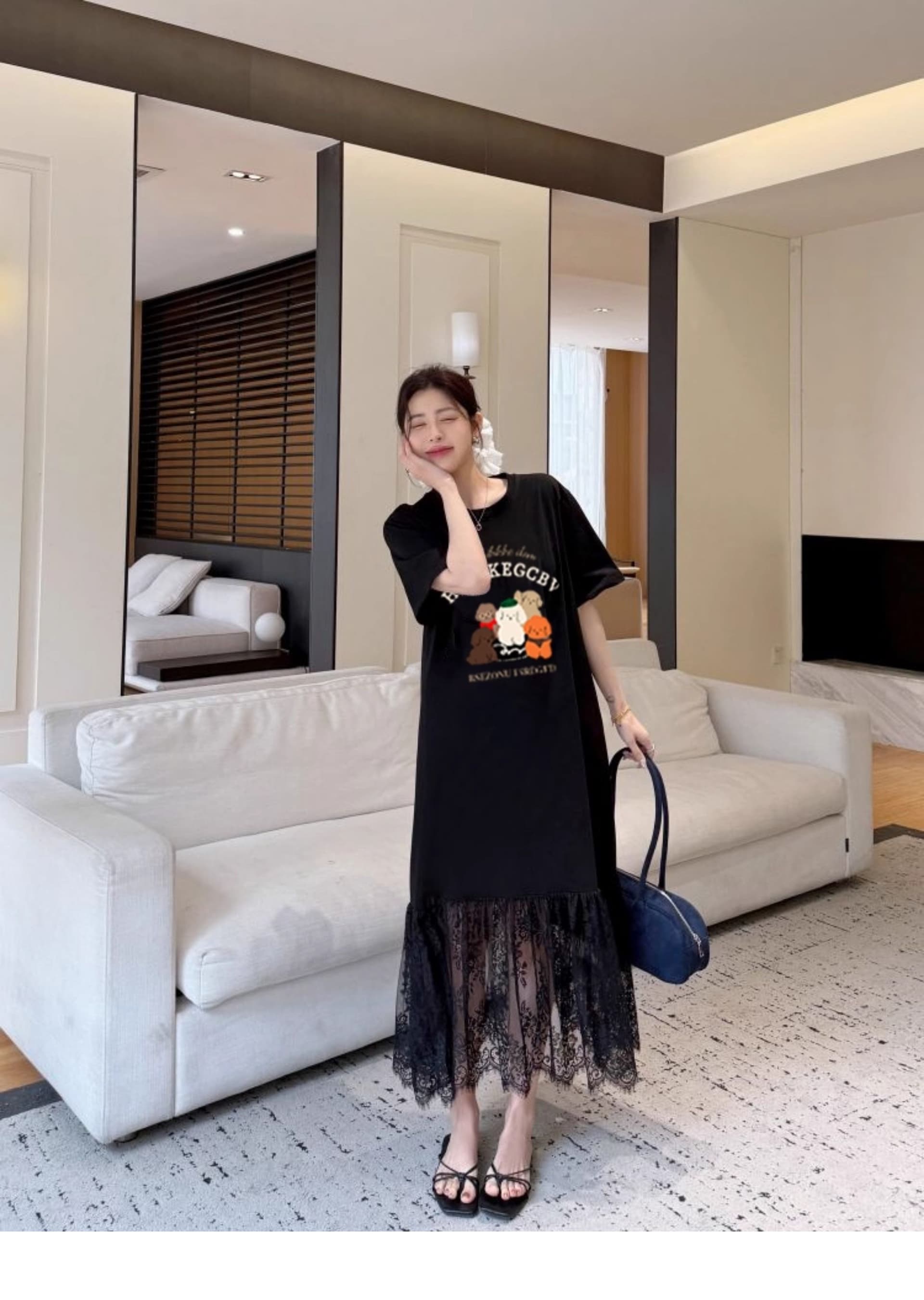 지방 mm 빅 사이즈 레이스 점프 슈트 치마 꽃무늬 레이스 루즈핏 여름 드레스 롱 코트 무릎 아래 티셔츠 치마 상세 이미지 6