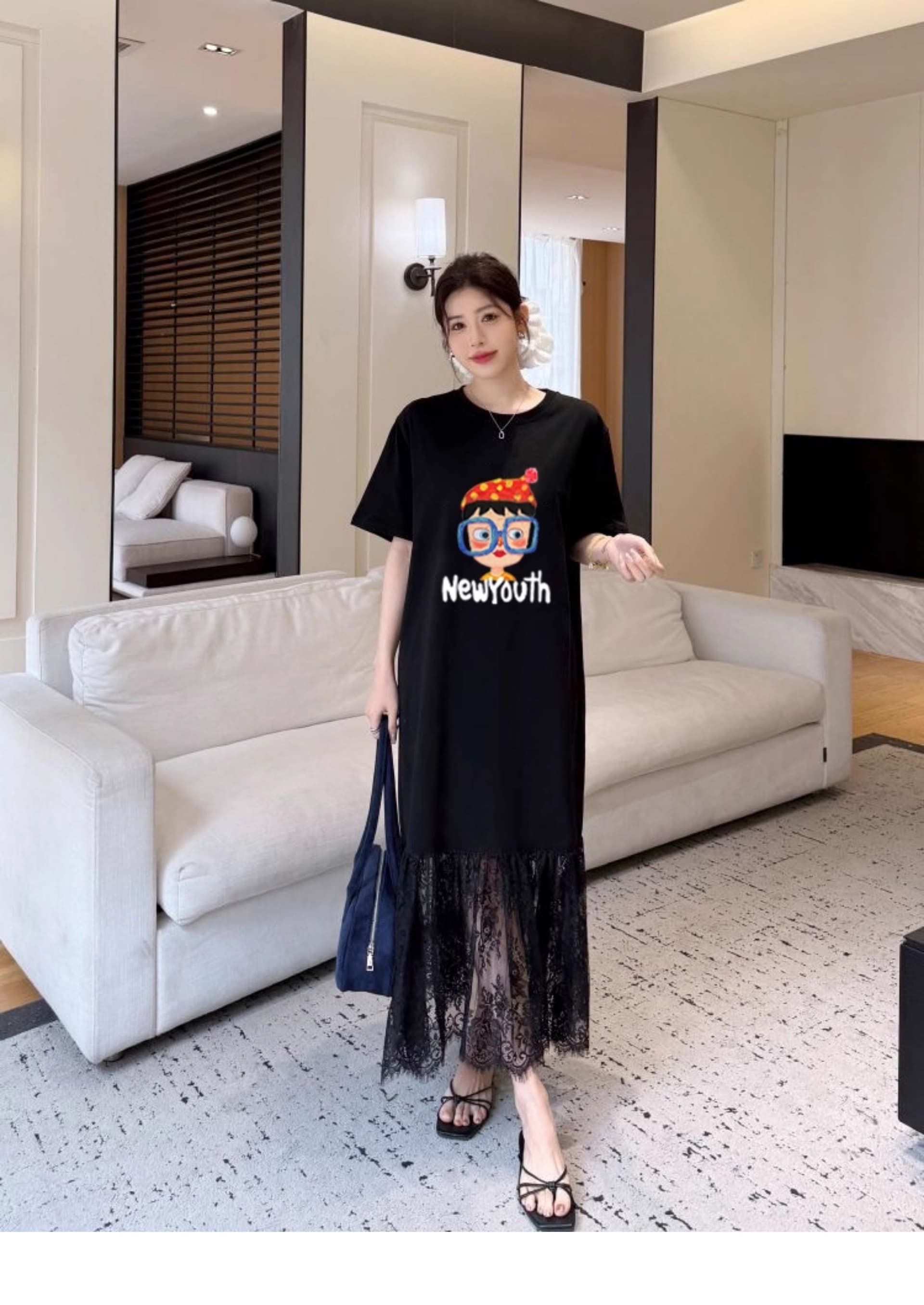지방 mm 빅 사이즈 레이스 점프 슈트 치마 꽃무늬 레이스 루즈핏 여름 드레스 롱 코트 무릎 아래 티셔츠 치마 상세 이미지 2