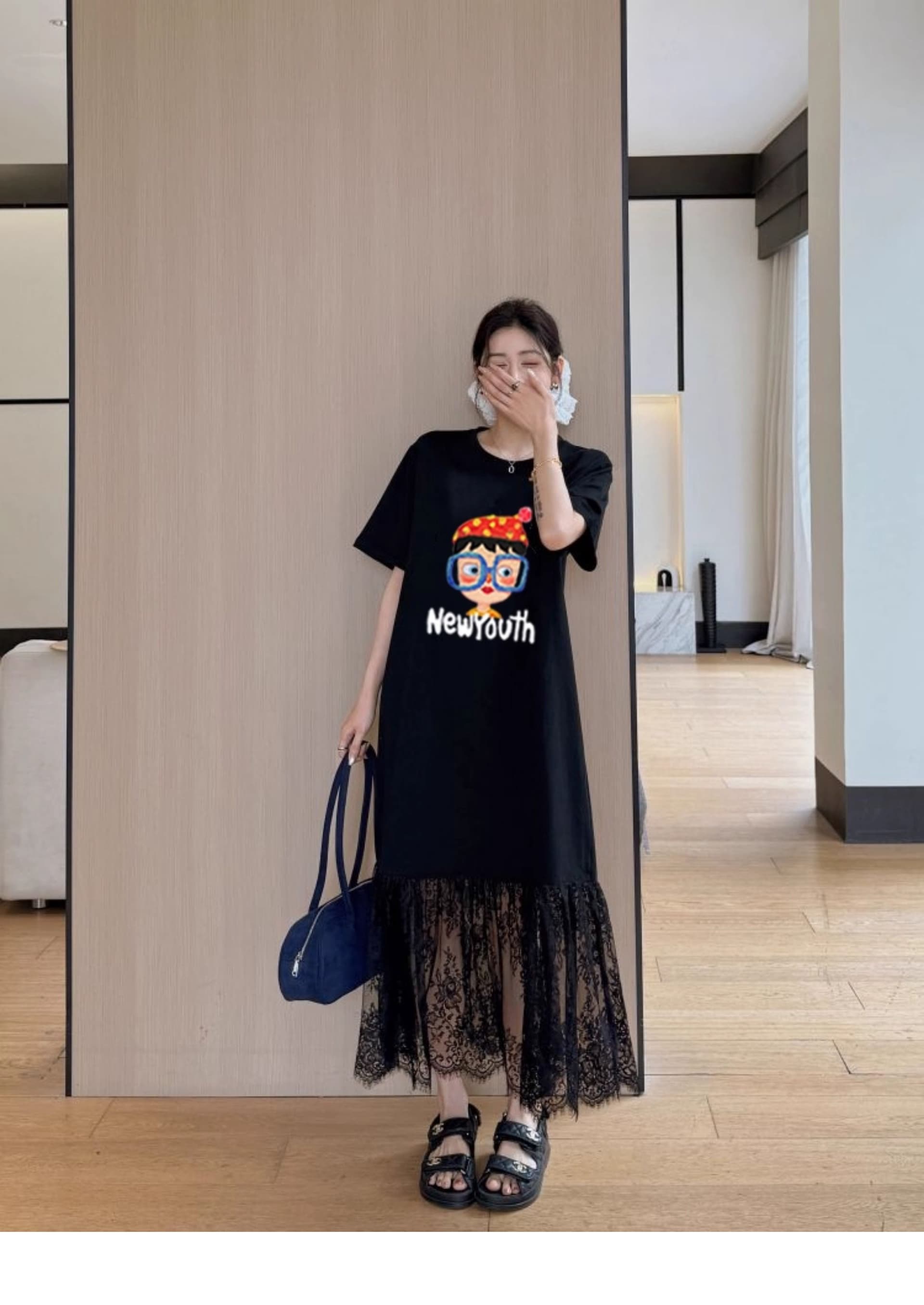 지방 mm 빅 사이즈 레이스 점프 슈트 치마 꽃무늬 레이스 루즈핏 여름 드레스 롱 코트 무릎 아래 티셔츠 치마 상세 이미지 10