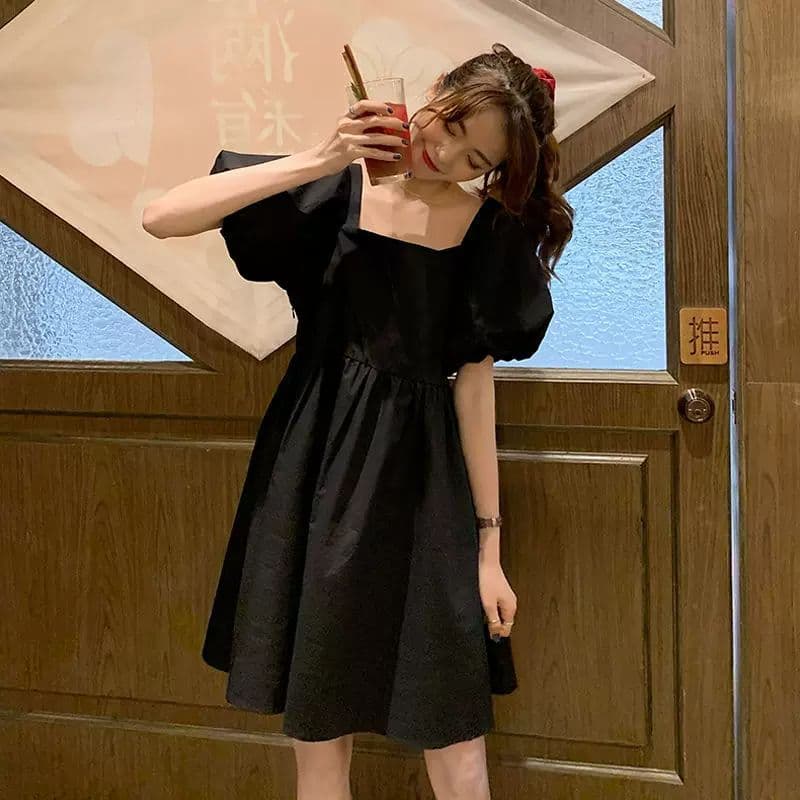 차가운 실크 코튼 루즈핏 반팔 광장 칼라 여성 드레스 인터넷 유명인 외국 가스 슬림해 보이는 치마 이미지 2