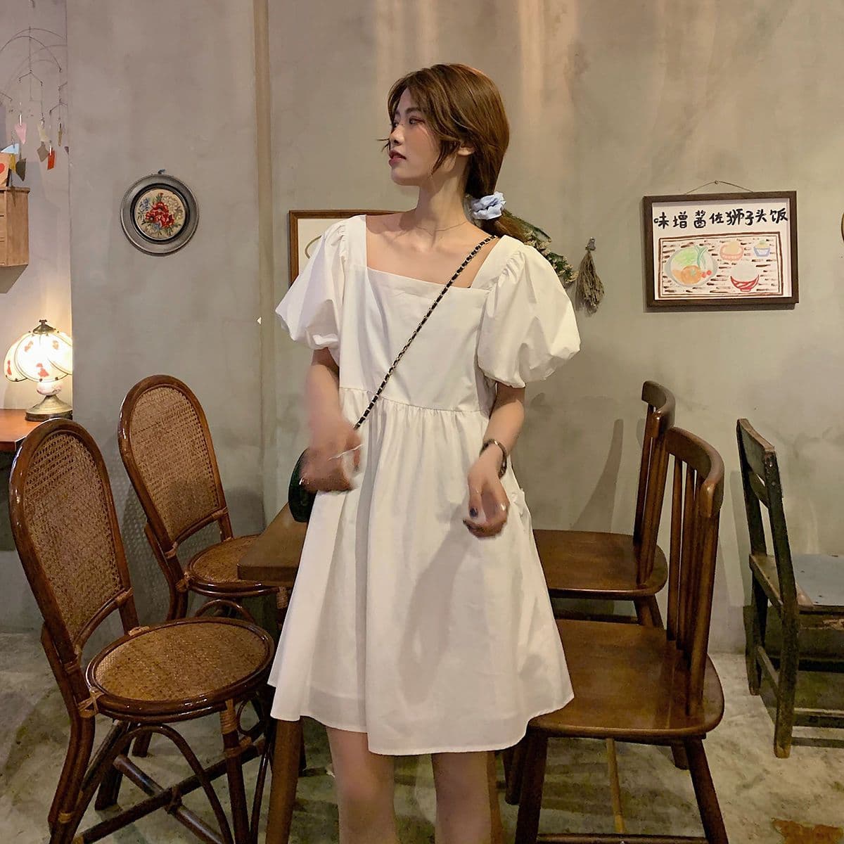 차가운 실크 코튼 루즈핏 반팔 광장 칼라 여성 드레스 인터넷 유명인 외국 가스 슬림해 보이는 치마 상세 이미지 4