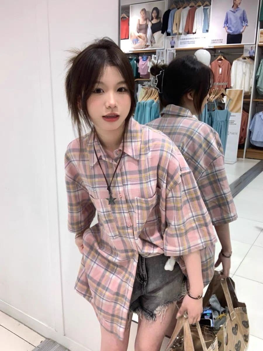 2026 봄 여름 레트로 배색 체크무늬 반팔 여성 셔츠 재킷 루즈핏 oversize 커플 다용도 셔츠 이미지 4