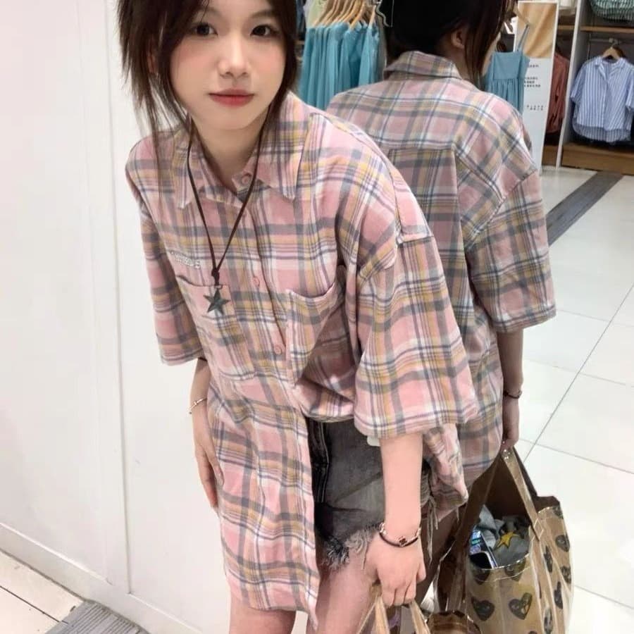 2026 봄 여름 레트로 배색 체크무늬 반팔 여성 셔츠 재킷 루즈핏 oversize 커플 다용도 셔츠 이미지 5