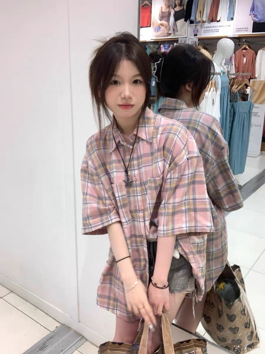 2026 봄 여름 레트로 배색 체크무늬 반팔 여성 셔츠 재킷 루즈핏 oversize 커플 다용도 셔츠 상세 이미지 1
