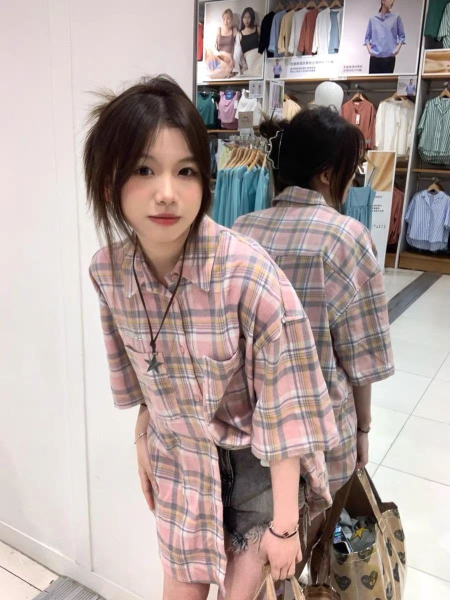 2026 봄 여름 레트로 배색 체크무늬 반팔 여성 셔츠 재킷 루즈핏 oversize 커플 다용도 셔츠 상세 이미지 4