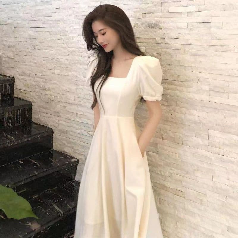 그는 벤 바람 드레스 허리 슬림해 보이는 작은 검은 드레스 프랑스식 광장 칼라 센스 무릎 아래 롱 스커트 상세 이미지 2