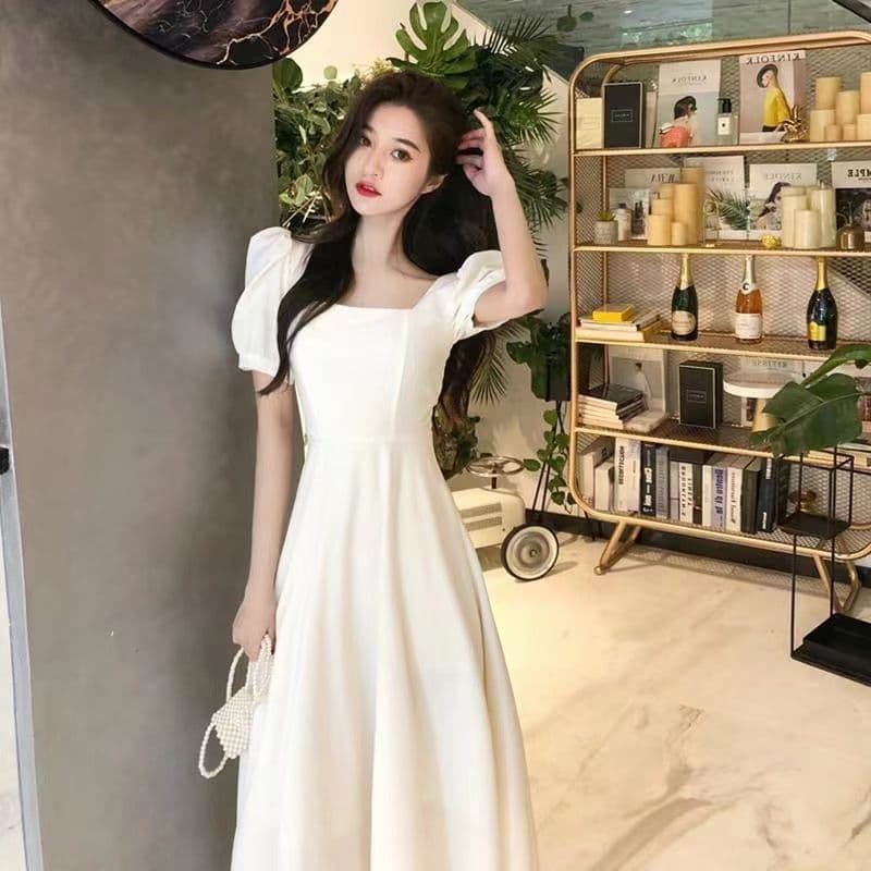그는 벤 바람 드레스 허리 슬림해 보이는 작은 검은 드레스 프랑스식 광장 칼라 센스 무릎 아래 롱 스커트 상세 이미지 3