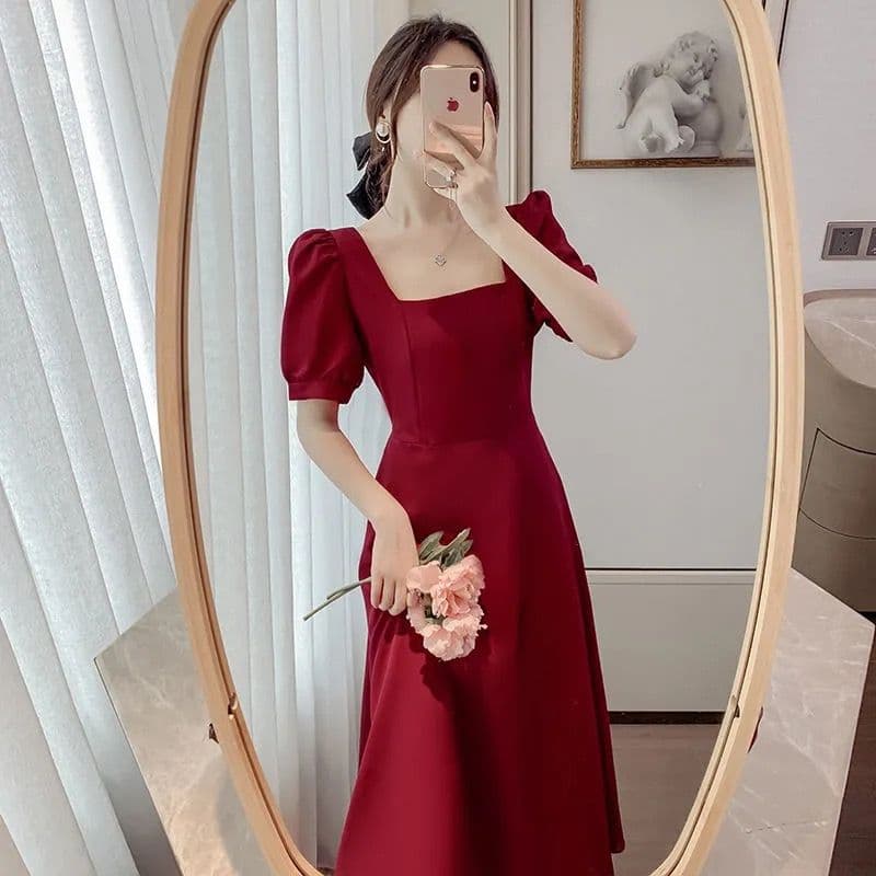 그는 벤 바람 드레스 허리 슬림해 보이는 작은 검은 드레스 프랑스식 광장 칼라 센스 무릎 아래 롱 스커트 상세 이미지 6