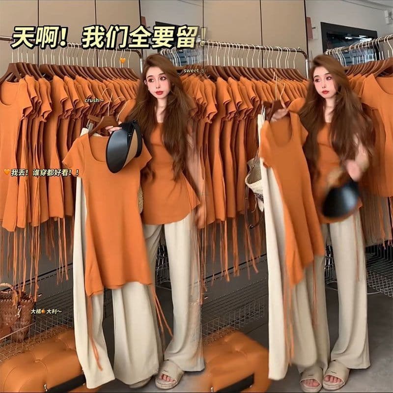 패션 세트 여성 여름 디자인 센스 스트랩 반팔 와이드 레그 팬츠 투피스 세트 이미지 3
