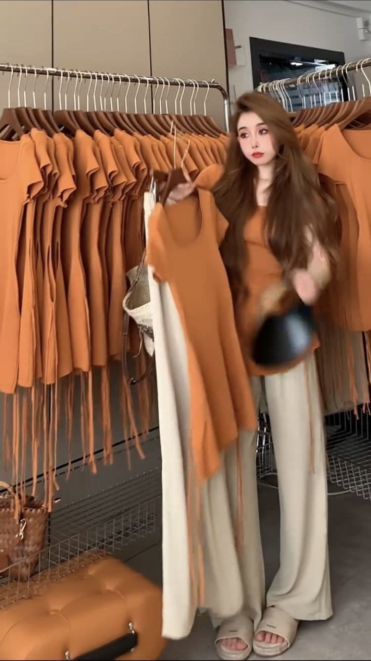 패션 세트 여성 여름 디자인 센스 스트랩 반팔 와이드 레그 팬츠 투피스 세트 상세 이미지 4