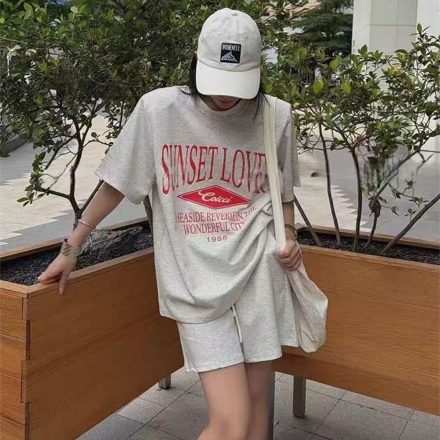 한국 스타일 루즈핏 캐주얼 바람 알파벳 프린트 반팔 반바지 패션 투피스 세트