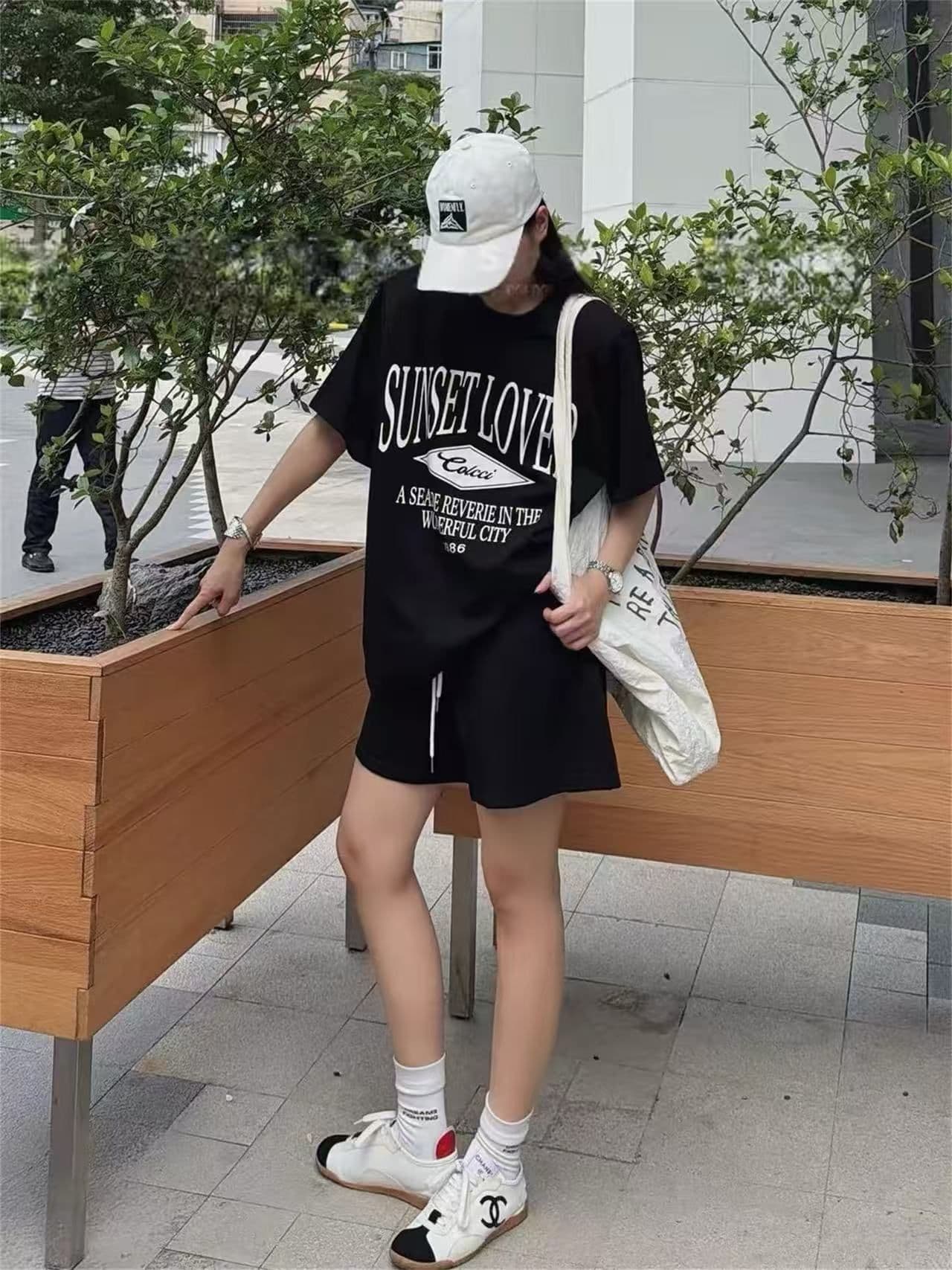 한국 스타일 루즈핏 캐주얼 바람 알파벳 프린트 반팔 반바지 패션 투피스 세트 상세 이미지 2