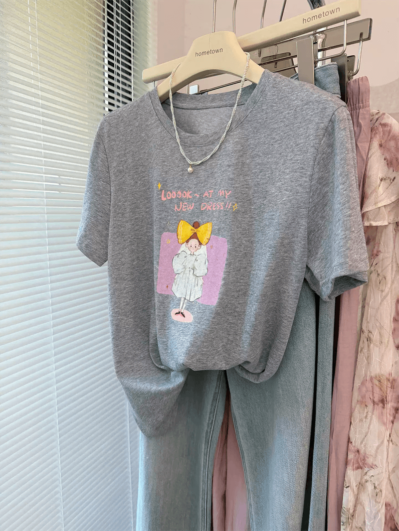 한국 스타일 레트로 만화 프린트 연령 감소 라운드 넥 반팔 티셔츠 여성 루즈핏 느긋한 바람 맨위 여성 여름 상세 이미지 10