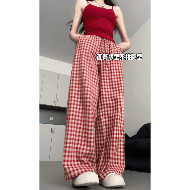 빨간색 체크무늬 바지 아이들 여름 새로운 하이웨이스트 슬림해 보이는 루즈핏 캐주얼 와이드 레그 팬츠 상세 이미지 2