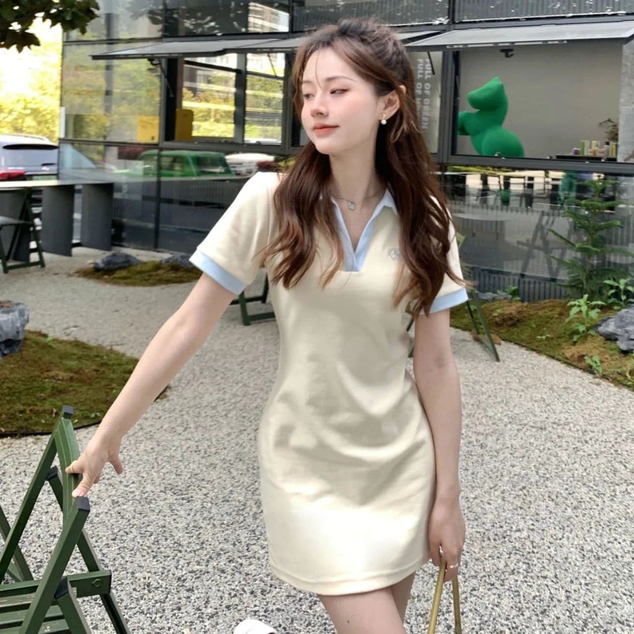 여름 새로운 작은 대중 디자인 센스 우유 달콤한 부서 소녀 센스 슬림해 보이는 핫걸 미니 스커트 배색 반팔 polo 드레스 상세 이미지 3