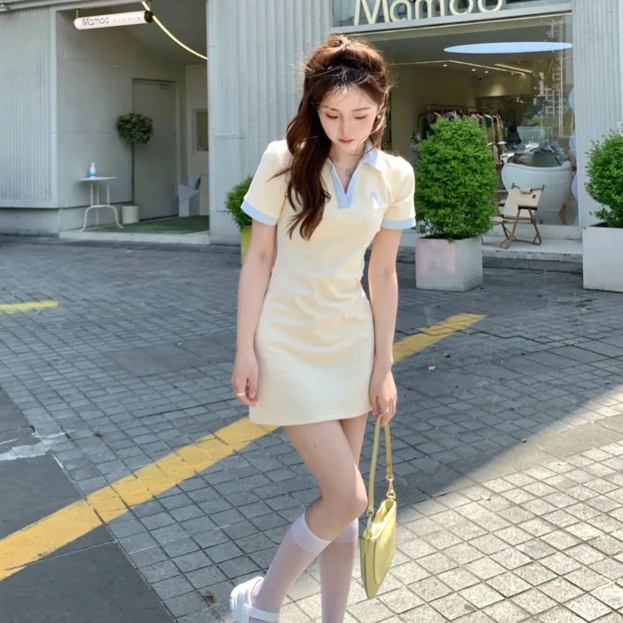 여름 새로운 작은 대중 디자인 센스 우유 달콤한 부서 소녀 센스 슬림해 보이는 핫걸 미니 스커트 배색 반팔 polo 드레스 상세 이미지 4