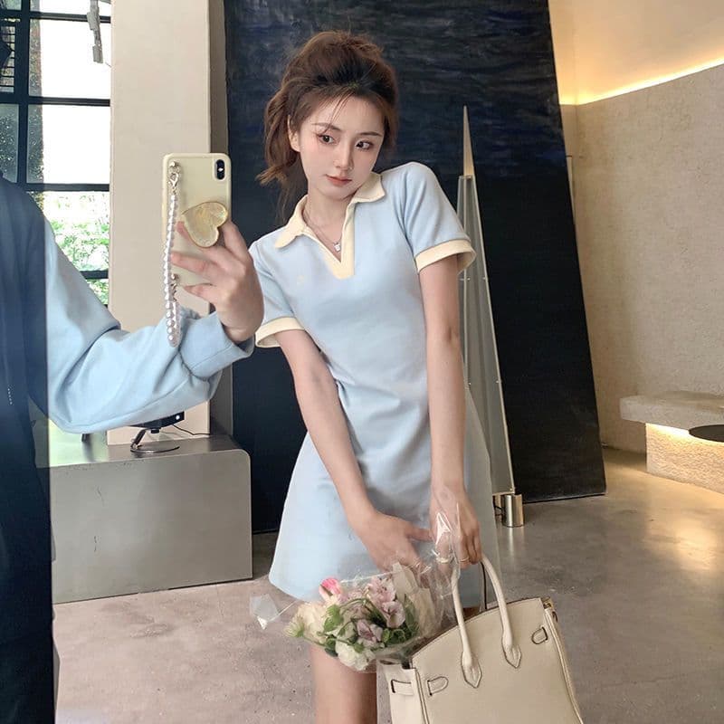 여름 새로운 작은 대중 디자인 센스 우유 달콤한 부서 소녀 센스 슬림해 보이는 핫걸 미니 스커트 배색 반팔 polo 드레스 상세 이미지 12