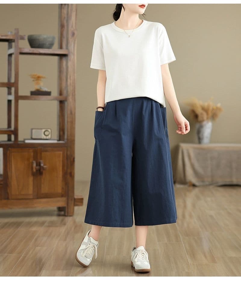 패션 하이웨이스트 7 점 와이드 레그 팬츠 여성 여름 얇은 스타일 루즈핏 다용도 캐주얼 바지 슬림해 보이는 상세 이미지 15