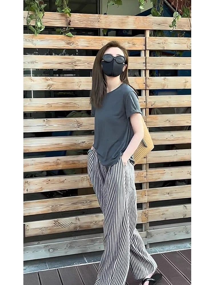 한국 스타일 패션 캐주얼 스트레이트 와이드 레깅스 바지 여름 새로운 빅 사이즈 슬림해 보이는 다용도 얇은 스타일 스트라이프 바지 상세 이미지 4