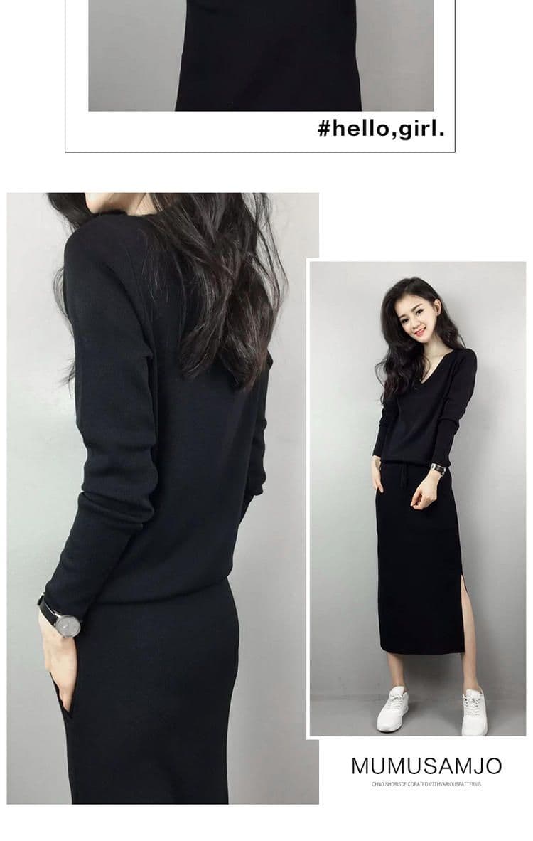 봄 가을 한국 스타일 니트 V넥 품격 레이스업 허리 수축 학원 스타일 무릎 아래 중간 길이 스웨터 원피스 아이들 상세 이미지 3